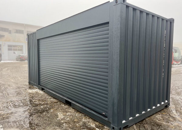 Contenedor 20 ft Gris Antracita con Persiana y Puerta Peatonal – Almacén Robusto de Acero CORTEN